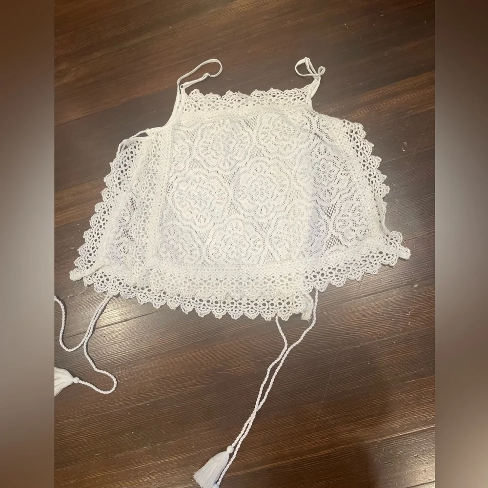 Mermaidcore Fwstival XS lace croquet white crop top adjustable straps fringe - Picture 5 of 5